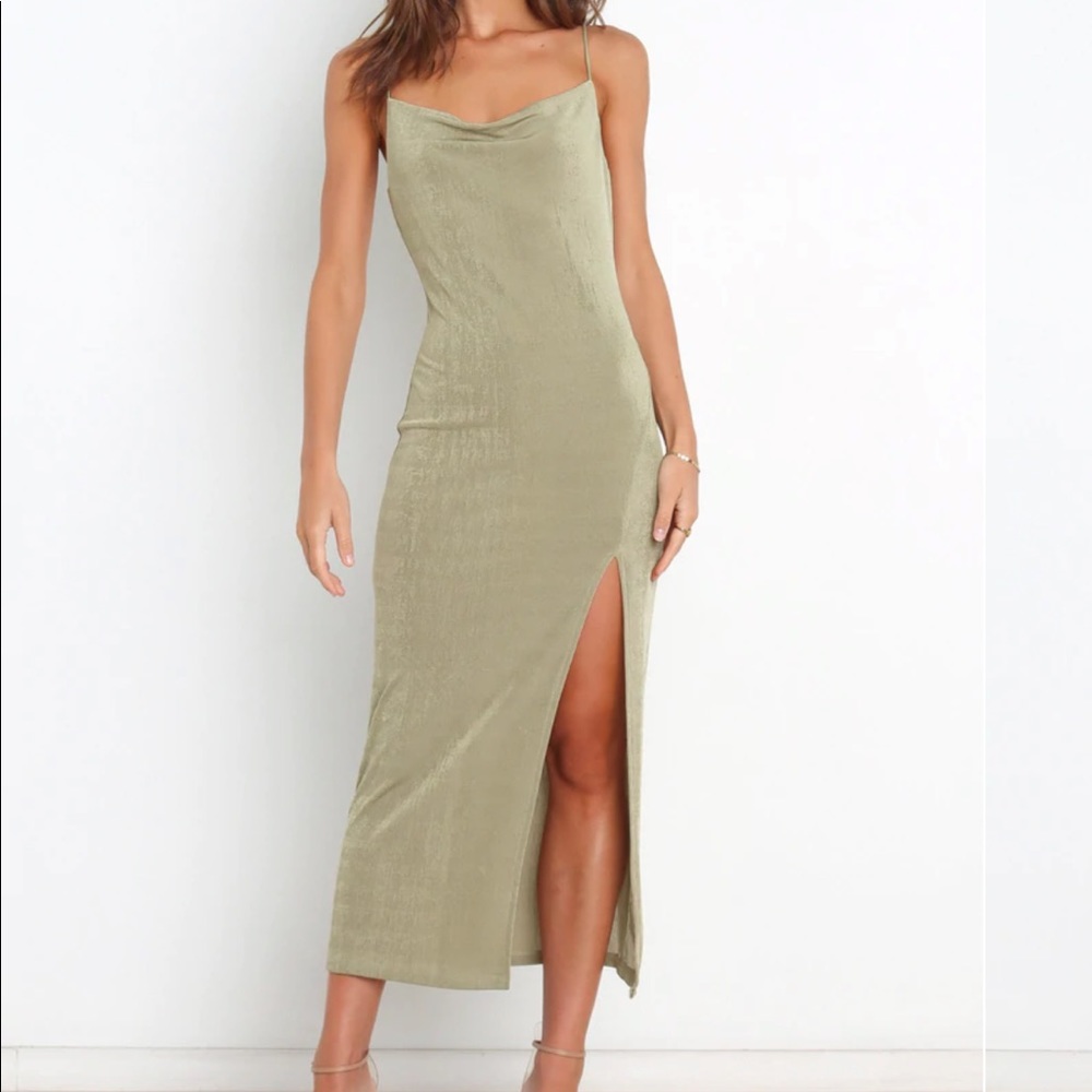 Petal & Pup Olive Green Slip Midi Dress with Side Slit